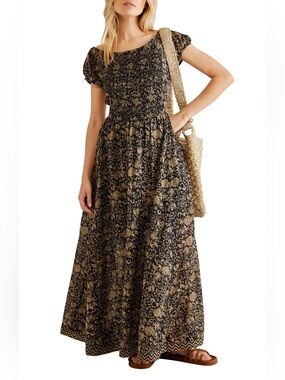Free People Ultraviolet Maxi Dress Black Floral Open Back Smocked Size